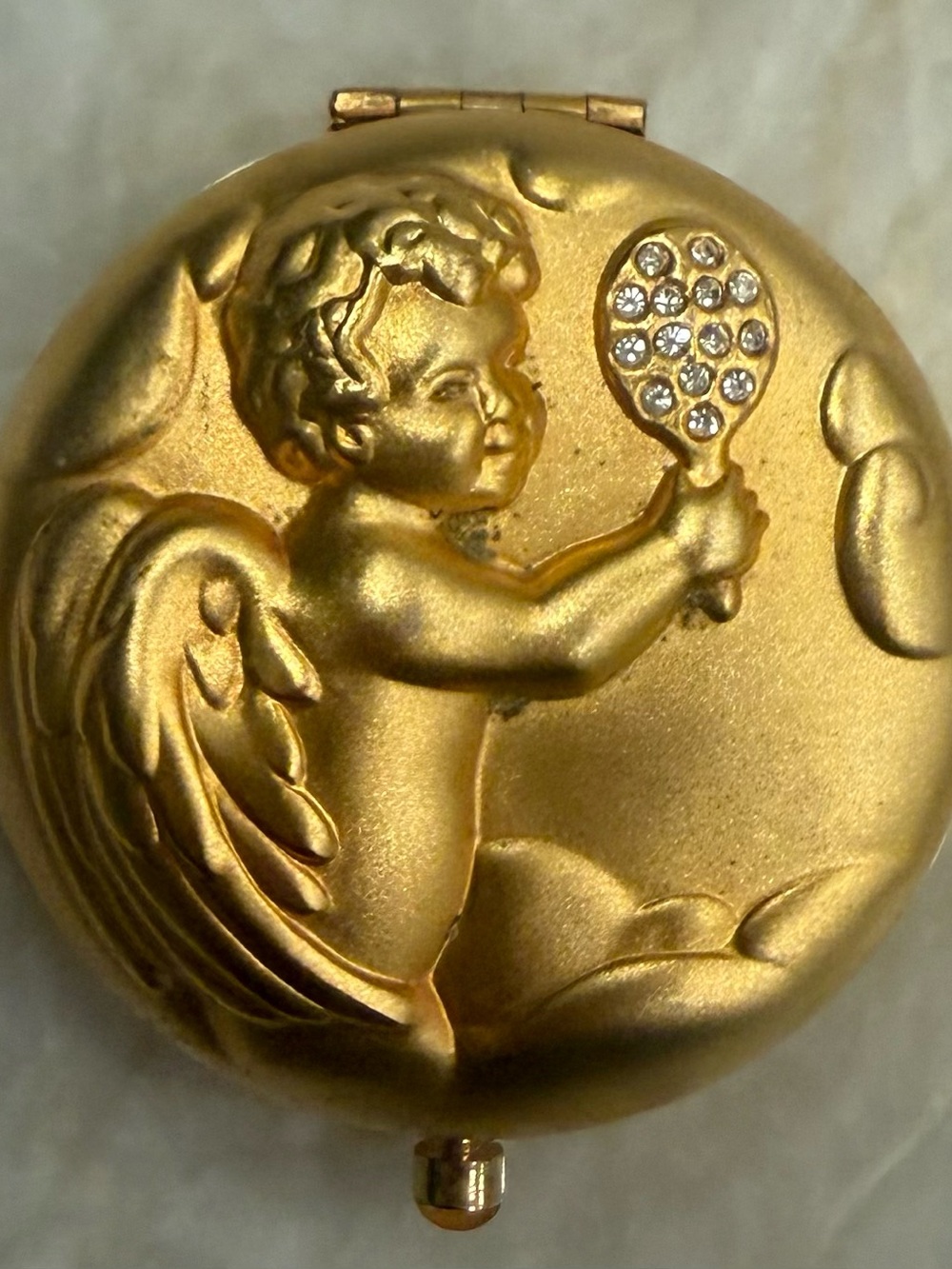 Vintage Estee Lauder Gold Cherub Compact with Rhinestone Accent